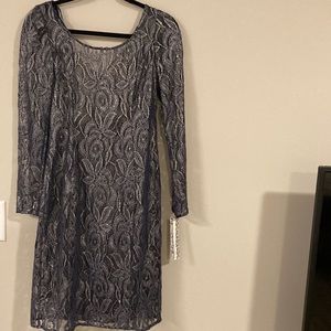 A new with tags long sleeve Kay Unger dress. It has a bluish silver color!
